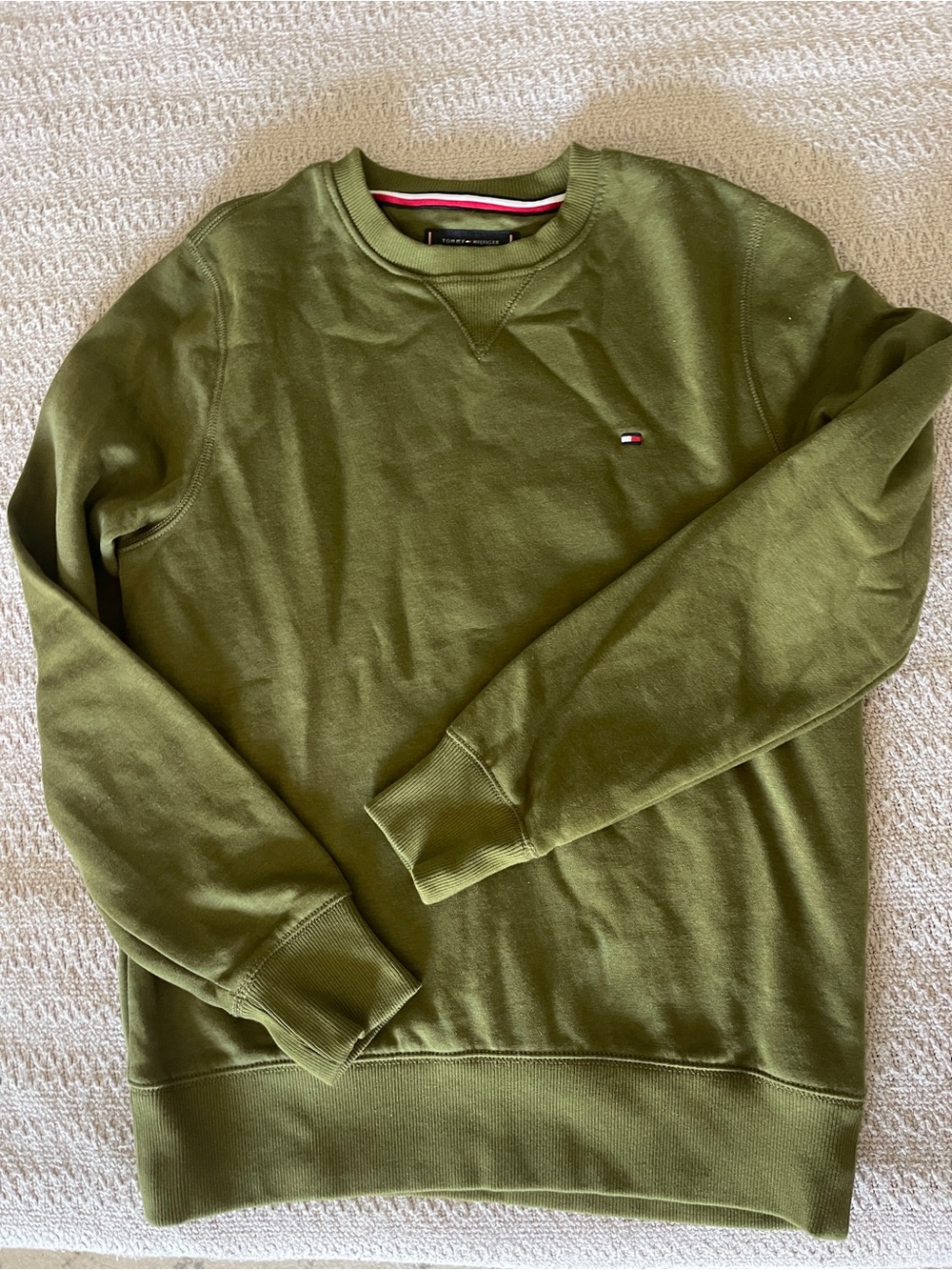 Tommy Hilfiger Olive Crewneck Sweatshirt with Flag Logo